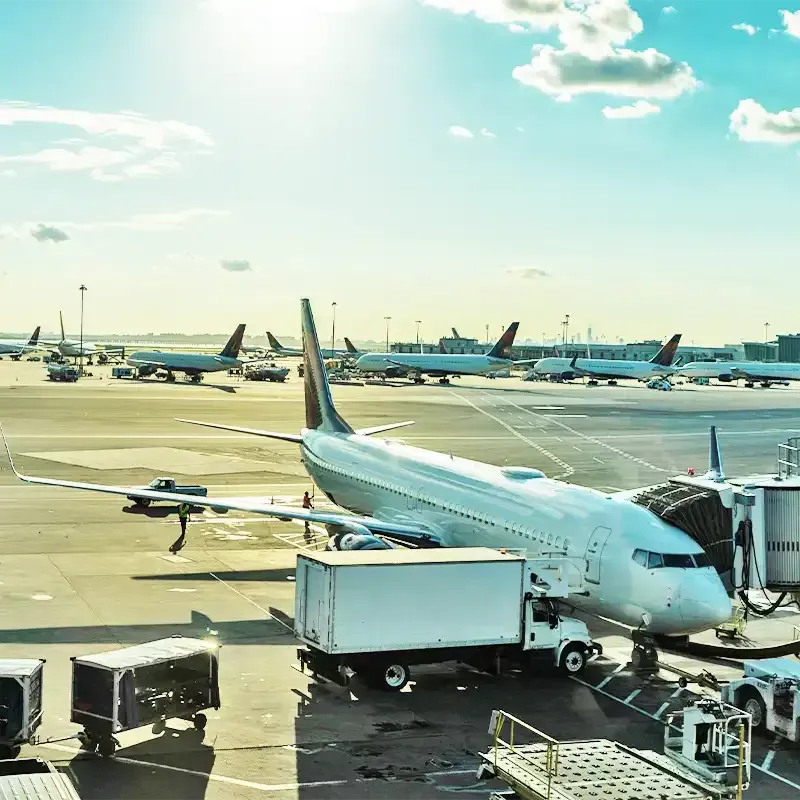 Airplane at an airport gate, connected to a jet bridge. Several other planes are in the background under a bright blue sky.