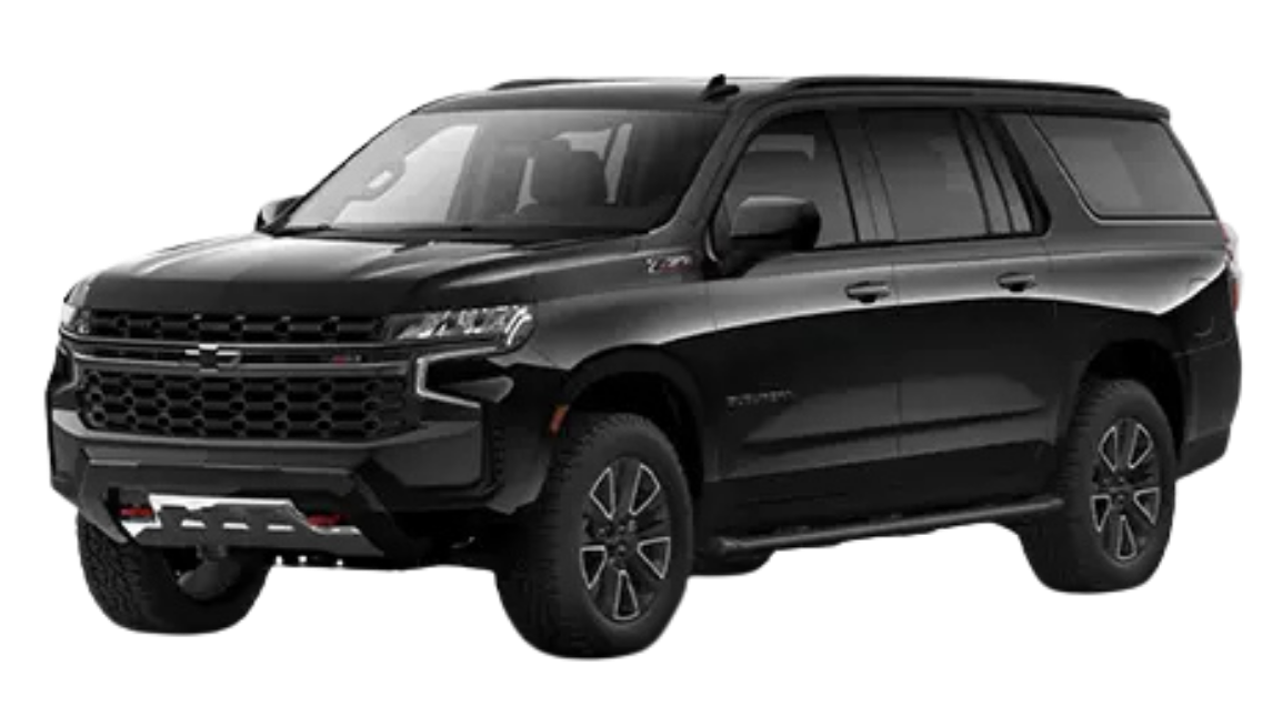 Black Chevrolet Suburban, angled slightly, with a black grille and dark wheels.