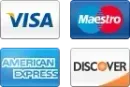 Logos for Visa, Maestro, American Express, and Discover credit card brands.