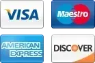 Logos for Visa, Maestro, American Express, and Discover credit card brands.