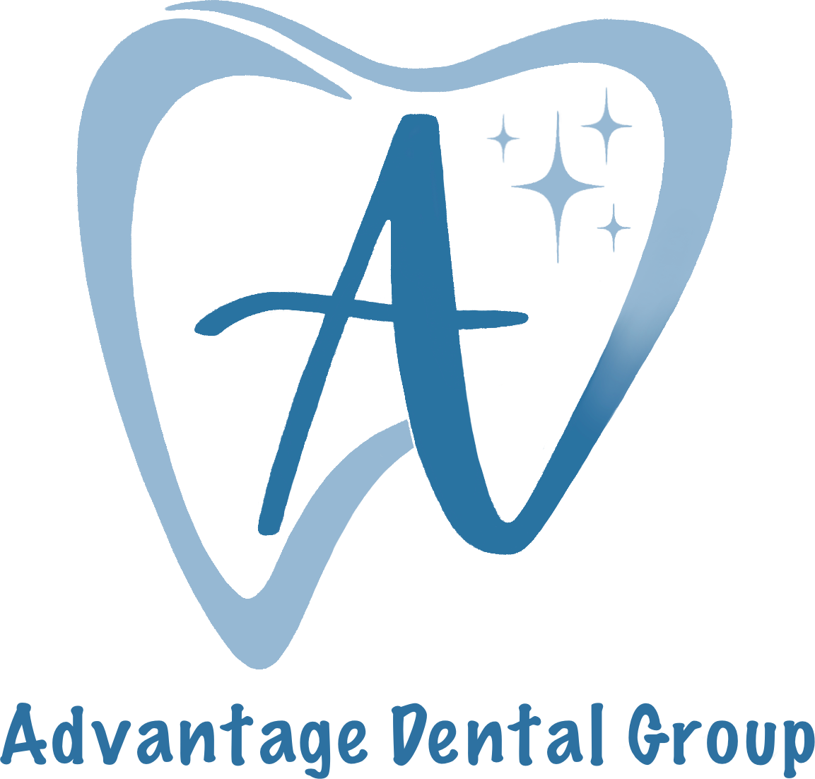 A blue, stylized tooth icon containing a large letter 