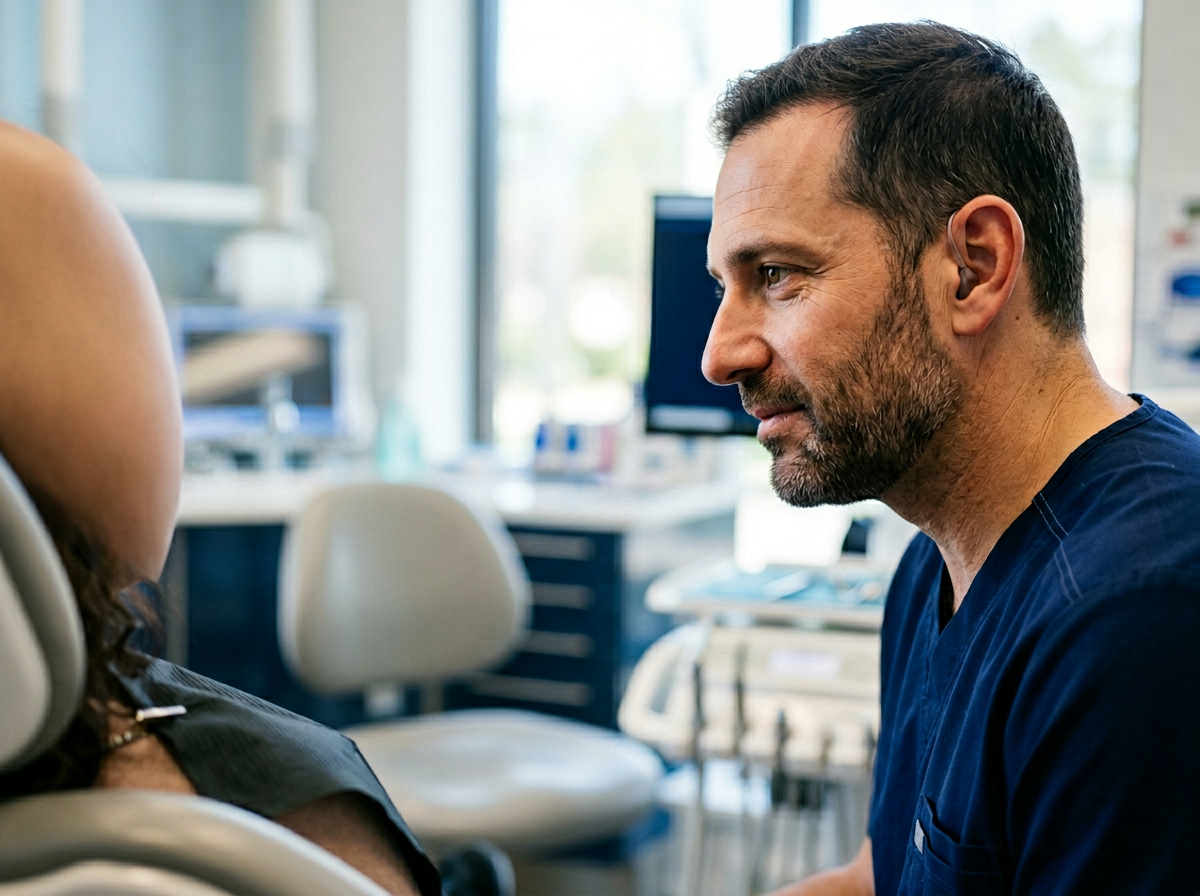A person in scrubs looks toward a patient in a dental chair in a clinical office setting.