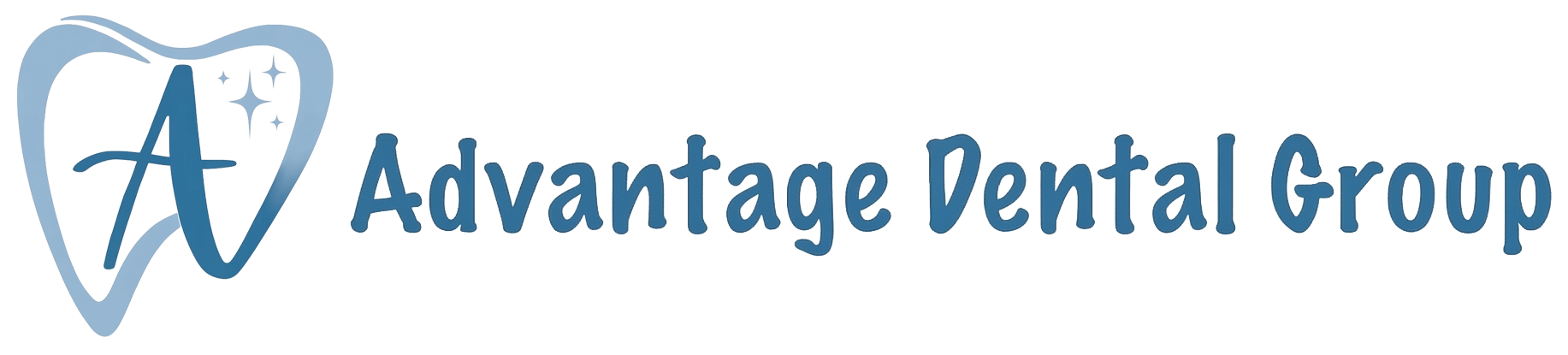 A stylized blue letter A inside the outline of a tooth with small star sparkles to the right.