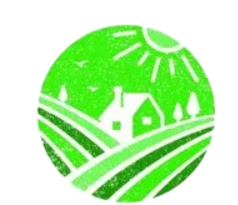 Un'icona circolare verde raffigurante una casa su una collina con campi, alberi e un sole nel cielo.