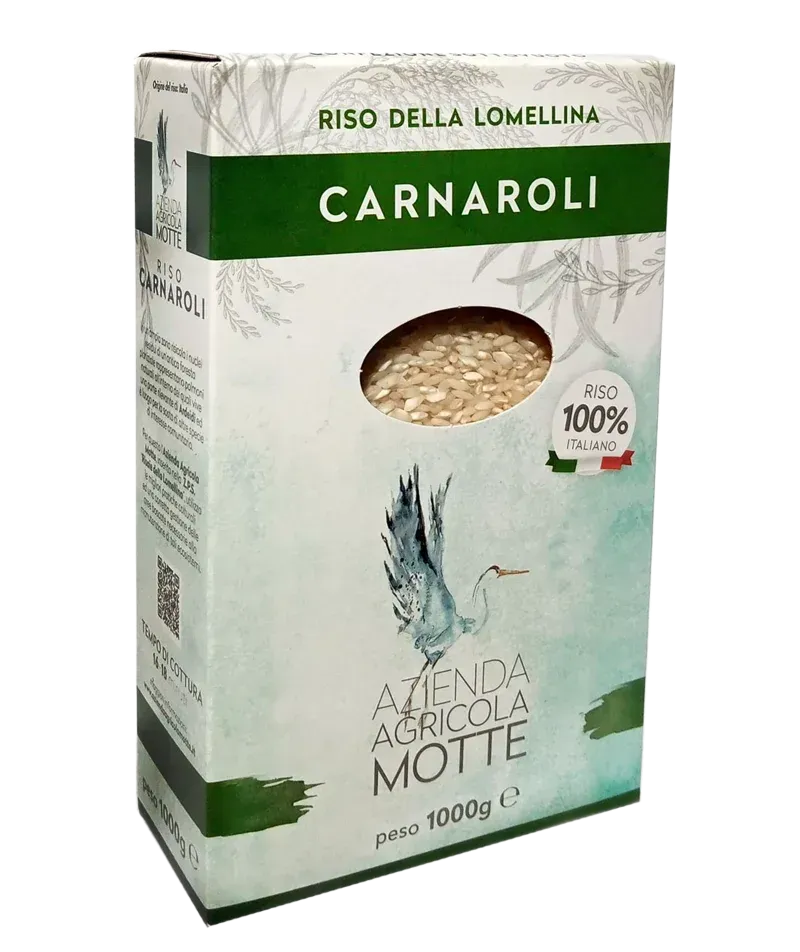 Scatola di riso Carnaroli dell'Azienda Agricola Motte, con design bianco e verde raffigurante un uccello e finestra trasparente.