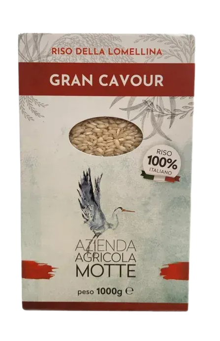 Confezione da 1 kg di riso Gran Cavour dell'Azienda Agricola Motte di Lomellina, Italia, con l'illustrazione di un airone.