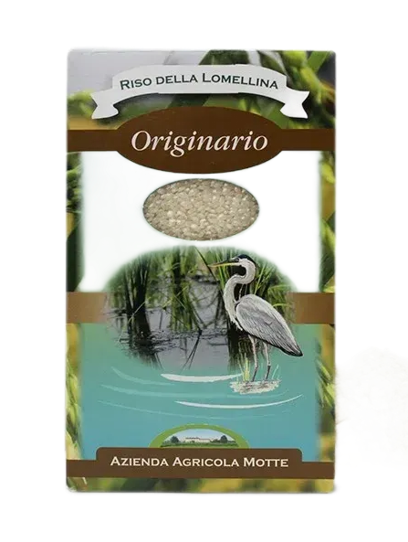 Confezione del riso Originario dell'Azienda Agricola Motte, con l'illustrazione di un airone cenerino in un ambiente palustre.
