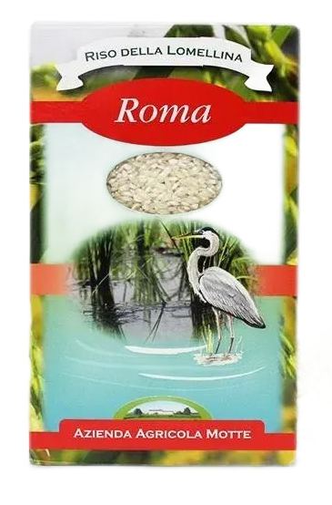 Confezione del riso Roma dell'Azienda Agricola Motte, con l'immagine di un mucchio di chicchi di riso e un airone in una palude.