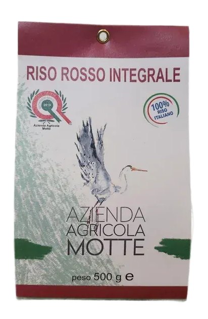 Confezione da 500 g di riso rosso integrale Azienda Agricola Motte con l'illustrazione di un airone.
