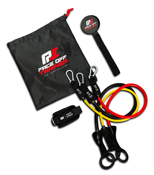 Face off trainer resistance band set with carrying bag, multiple bands, ankle strap, and handles.