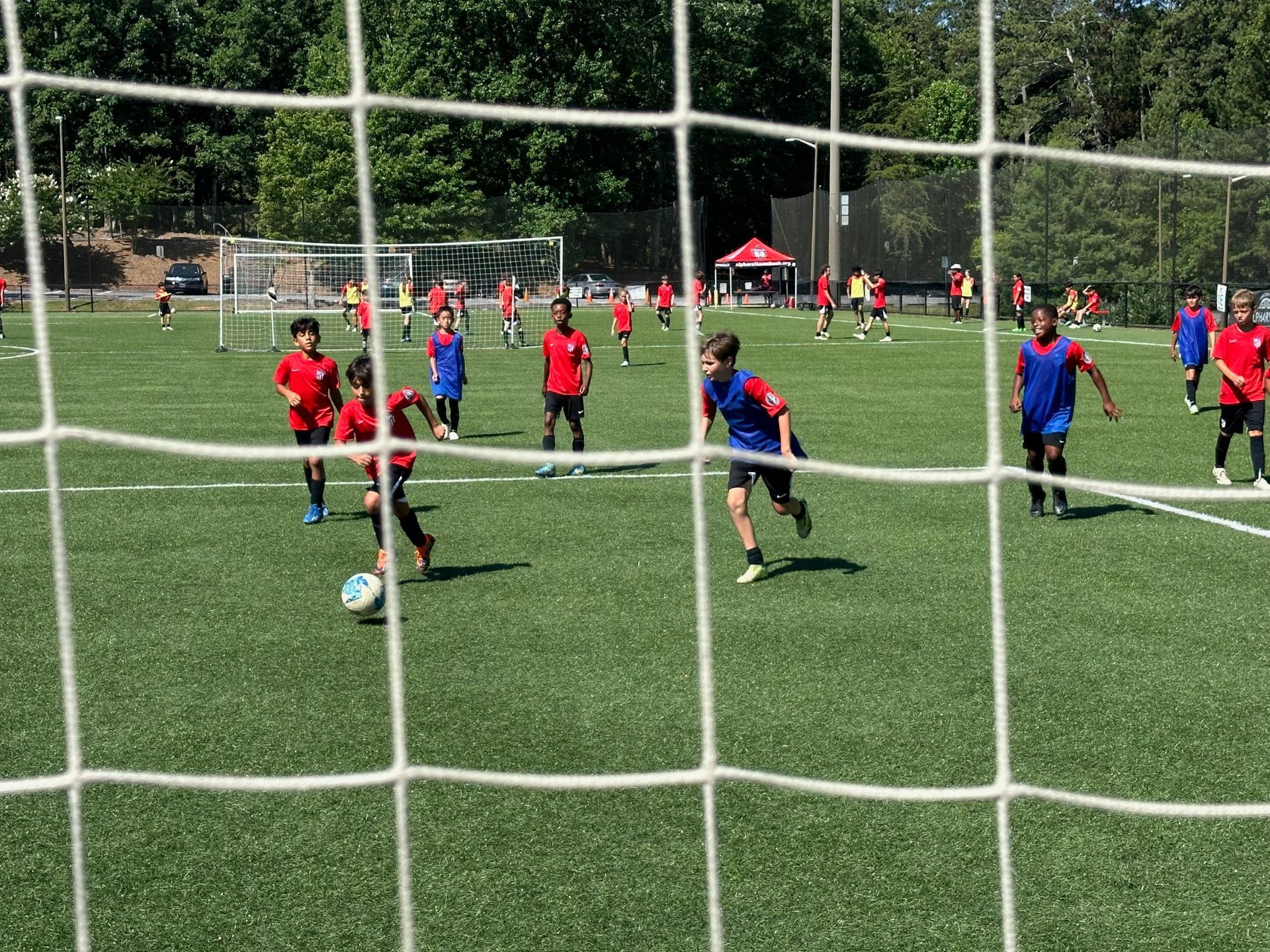 A group of Alpharetta Ambush Soccer Club's young boys are playing soccer on a field.