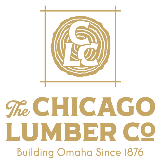 Gold Chicago Lumber Co logo with stylized CL monogram and “Building Omaha Since 1876” text