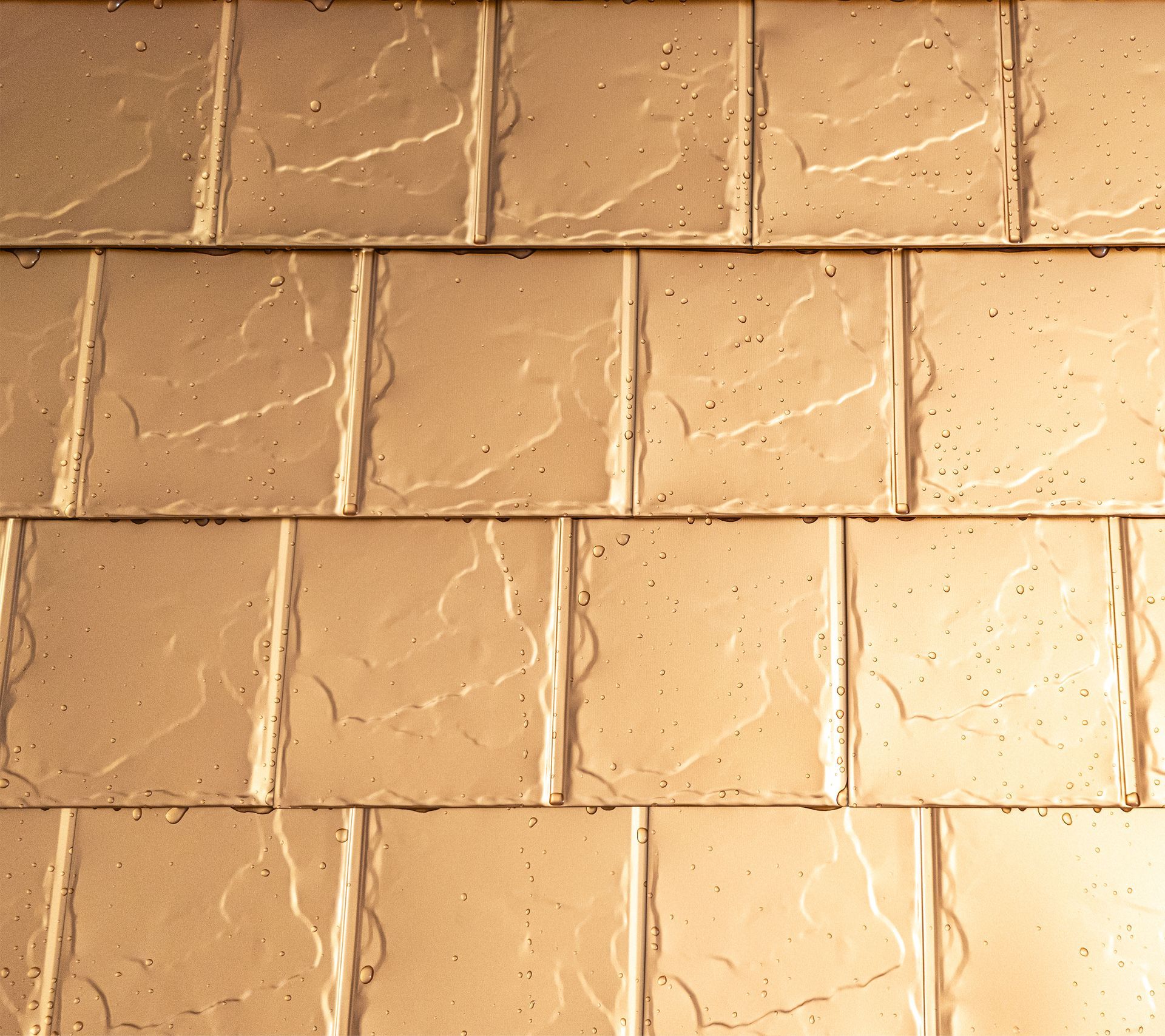 Macro shot of Copper Penny Interlock Slate aluminum shingles, revealing the embossed texture and baked-on enamel finish. This Castle Rock, WA roofing system exemplifies advanced interlocking technology and weatherproof craftsmanship by Interlock Metal Roofing.