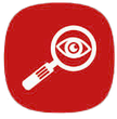 White magnifying glass with eye icon on a red rounded-square background