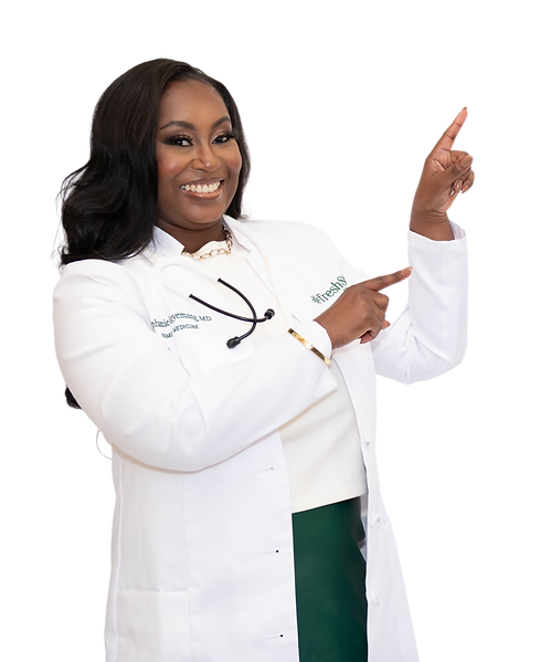 A woman in a white lab coat is pointing up with her finger.