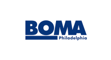 A blue and white logo for boma philadelphia on a white background.