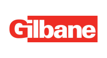 A red and white logo for gilbane on a white background.