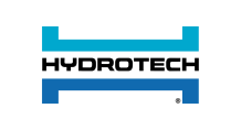 A blue and black logo for hydrotech on a white background.