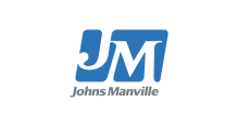 The johns manville logo is blue and white on a white background.