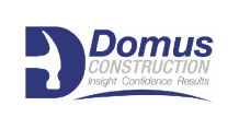 A blue and white logo for domus construction insight confidence results.