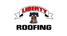 A logo for liberty roofing with a bell on it
