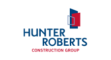 The logo for hunter roberts construction group is blue and red.