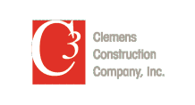 A red and white logo for clemens construction company inc.