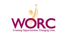 The wordc logo is purple and yellow and says creating opportunities changing lives.