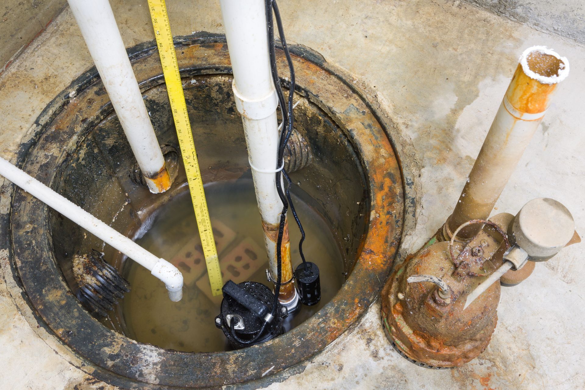Sump pump in a pit filled with water, pipes, and electrical cords. Rusty, concrete setting.