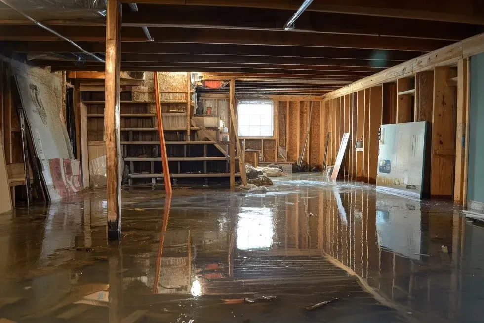 Flooded basement with exposed framing, stairs, and debris. Water reflects overhead beams and framing.