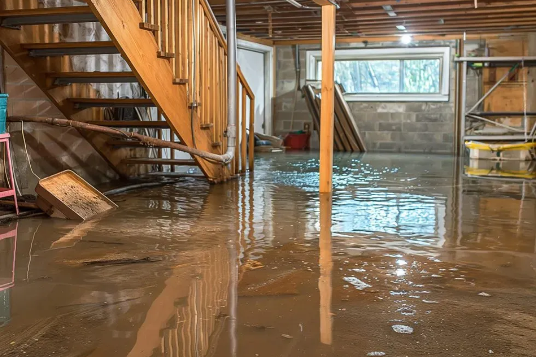 Flooded basement with water covering the floor, wooden staircase, and cinder block walls.