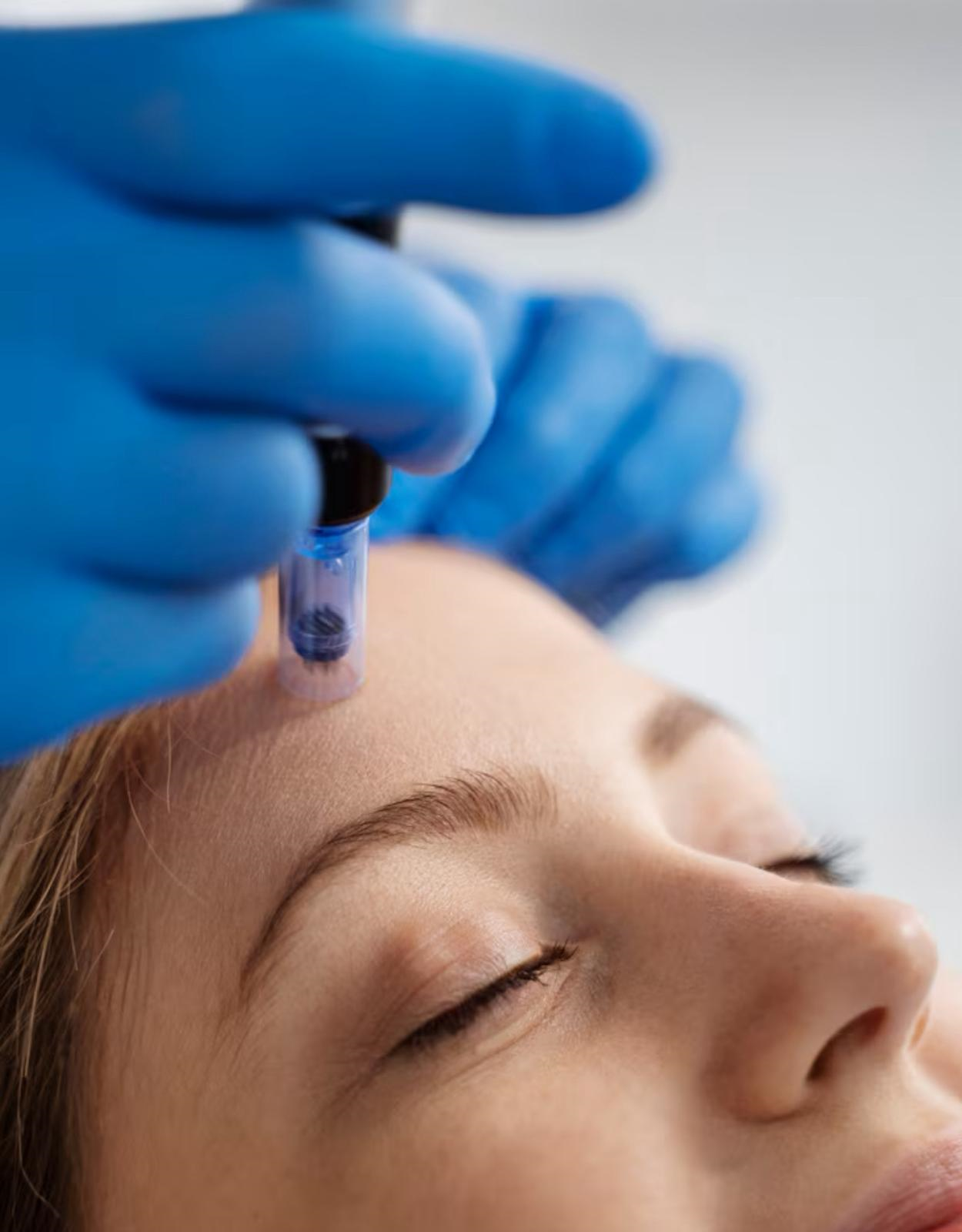 Person receiving a microneedling treatment on the forehead; blue-gloved hands holding the device.