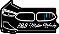 A black and white logo for l & s motor works.