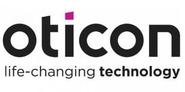 Oticon logo with the tagline “life-changing technology” in black and magenta on a light background