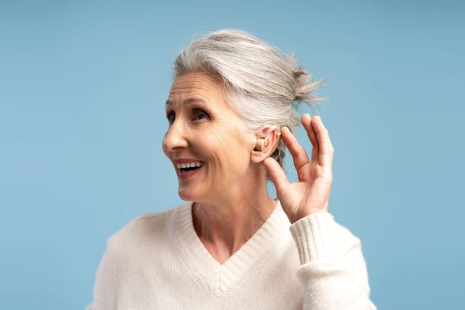 Smiling woman in a white sweater against a blue background, touching her ear
