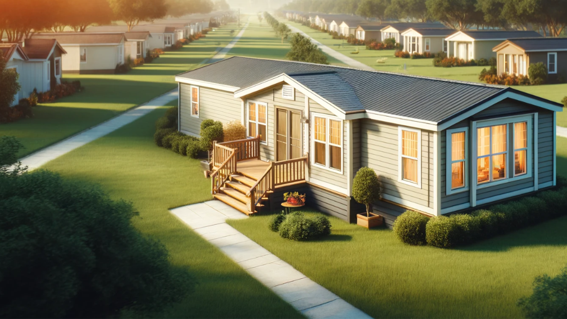 An aerial view of a mobile home in a residential area.