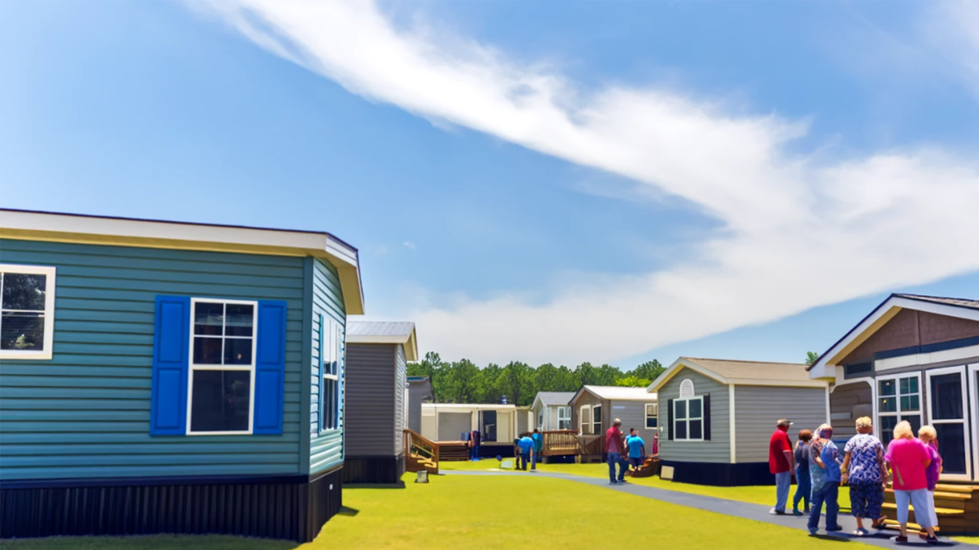 A group of people are standing in front of a row of mobile homes.