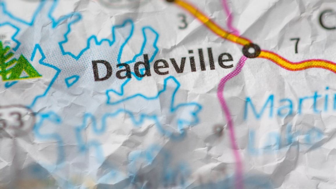 a close up of a map showing the location of dadeville, al