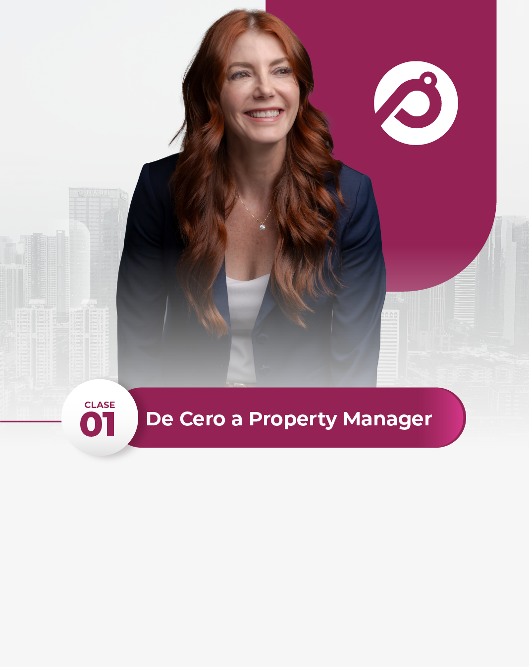 A woman is sitting in front of a sign that says de cero a property manager