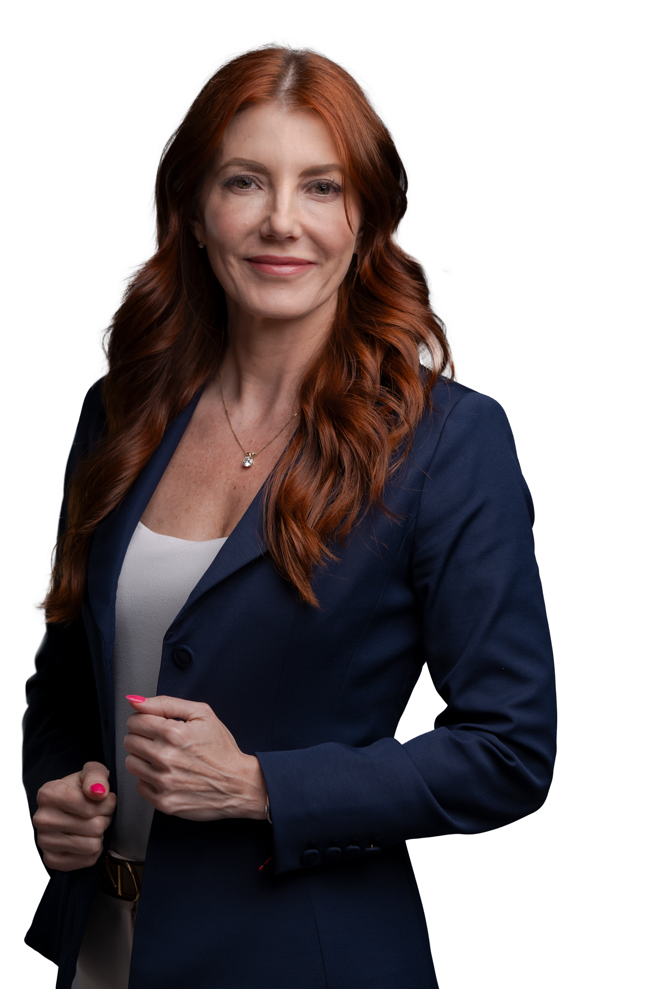 A woman with red hair is wearing a blue jacket and a white tank top.