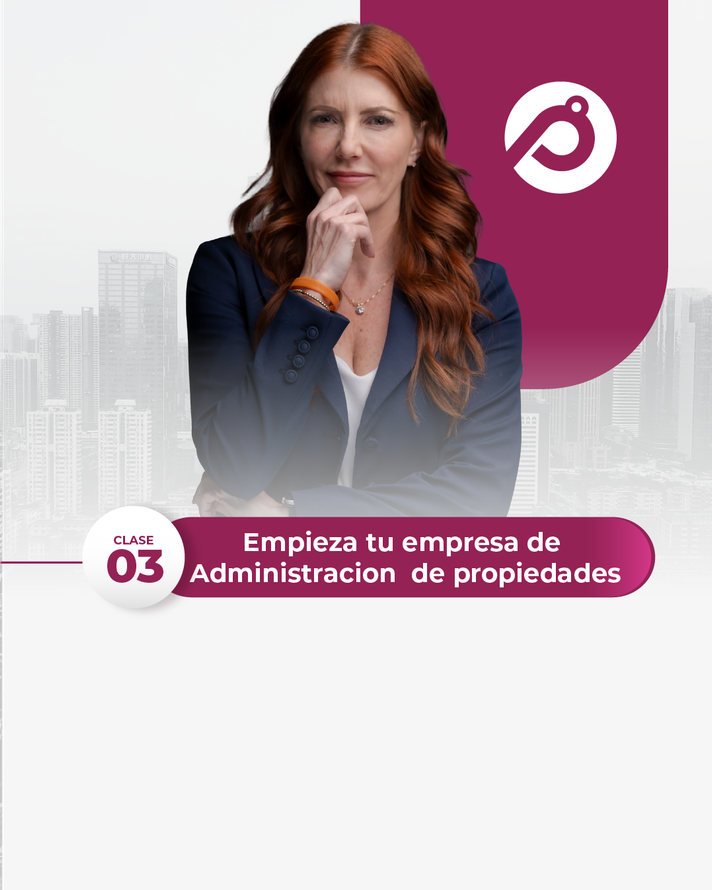 A woman with red hair is standing in front of a city skyline.