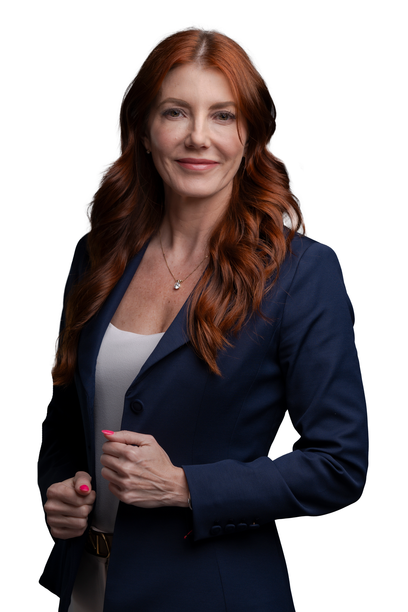 A woman with red hair is wearing a blue jacket and a white tank top.
