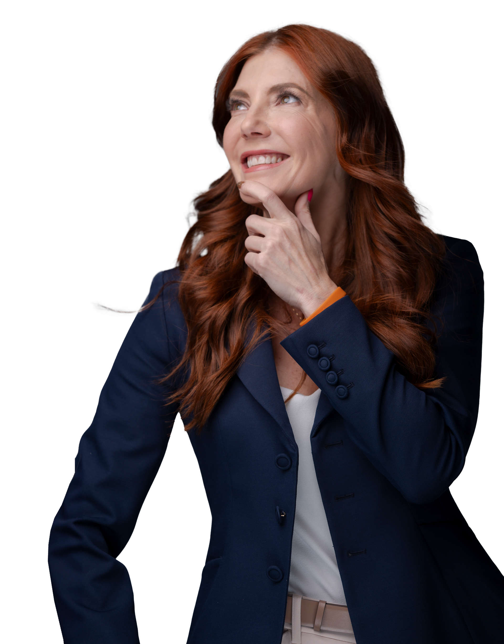 A woman with red hair is wearing a blue jacket and smiling.