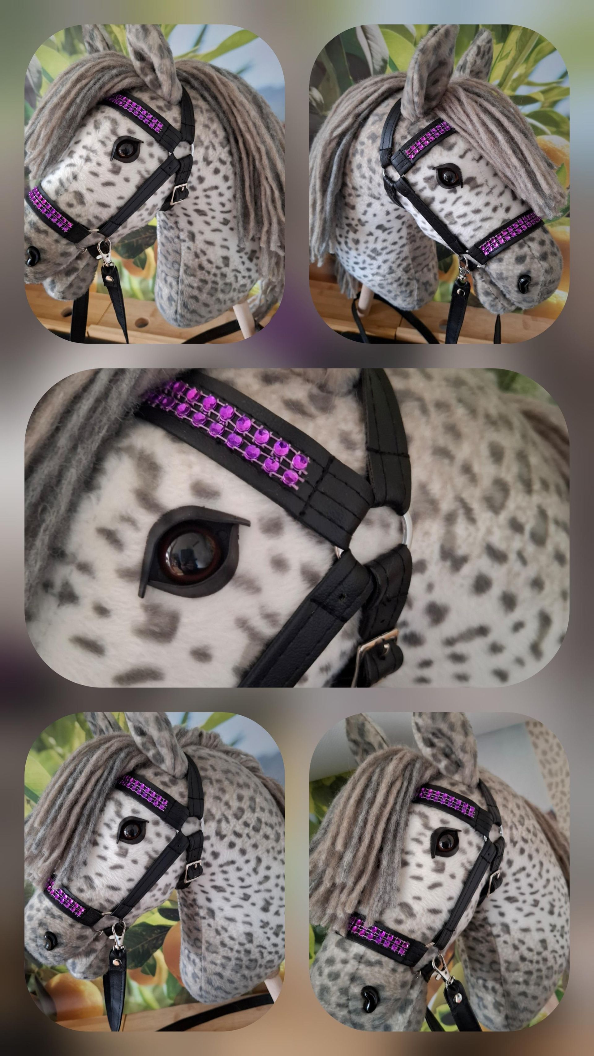 Een collage van een grijs-wit gevlekt stokpaard met een zwart-paars hoofdstel.