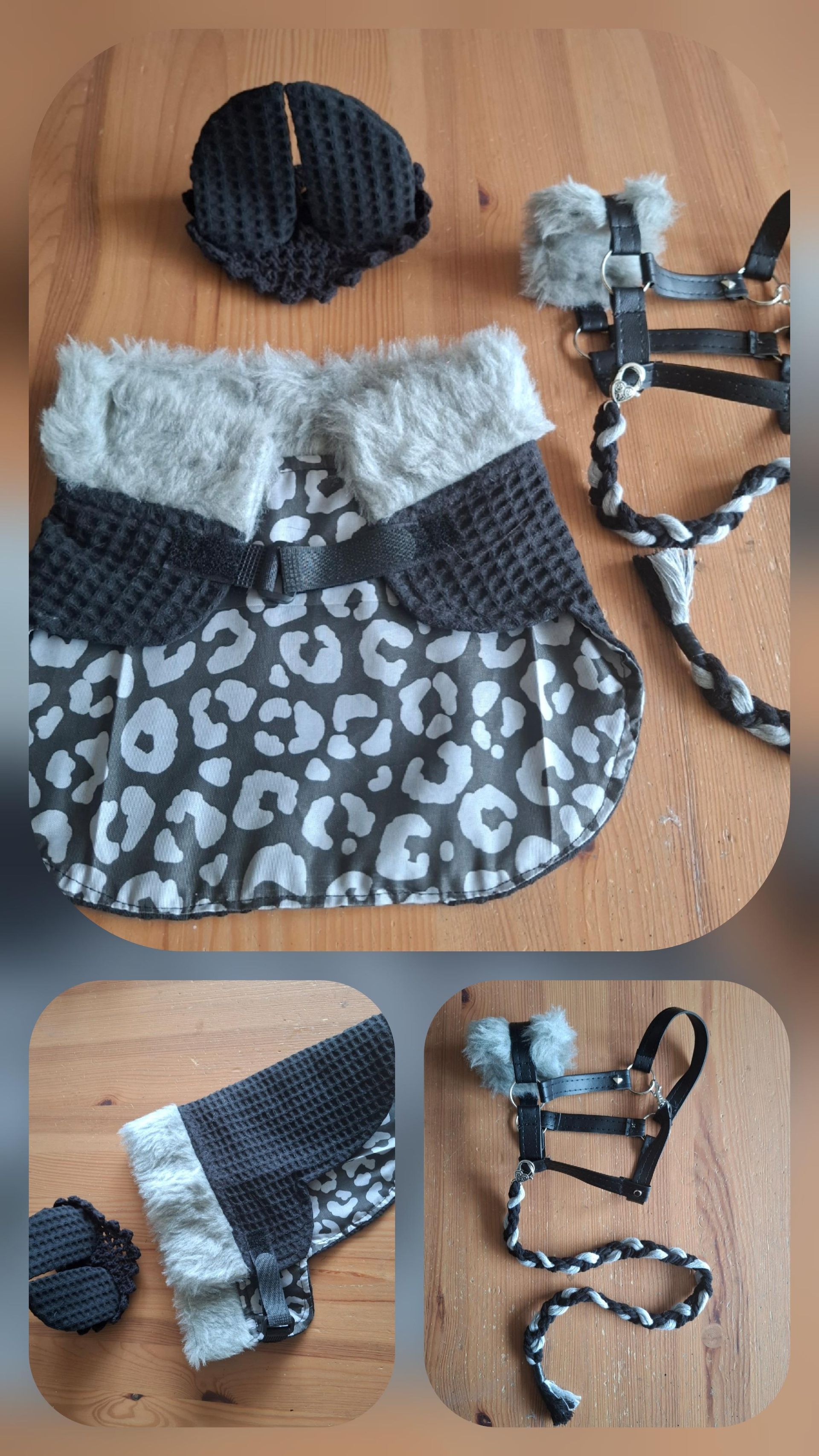 Hobbyhorse dekentje van imitatiebont en luipaardprint, bijpassende halster en oornetje