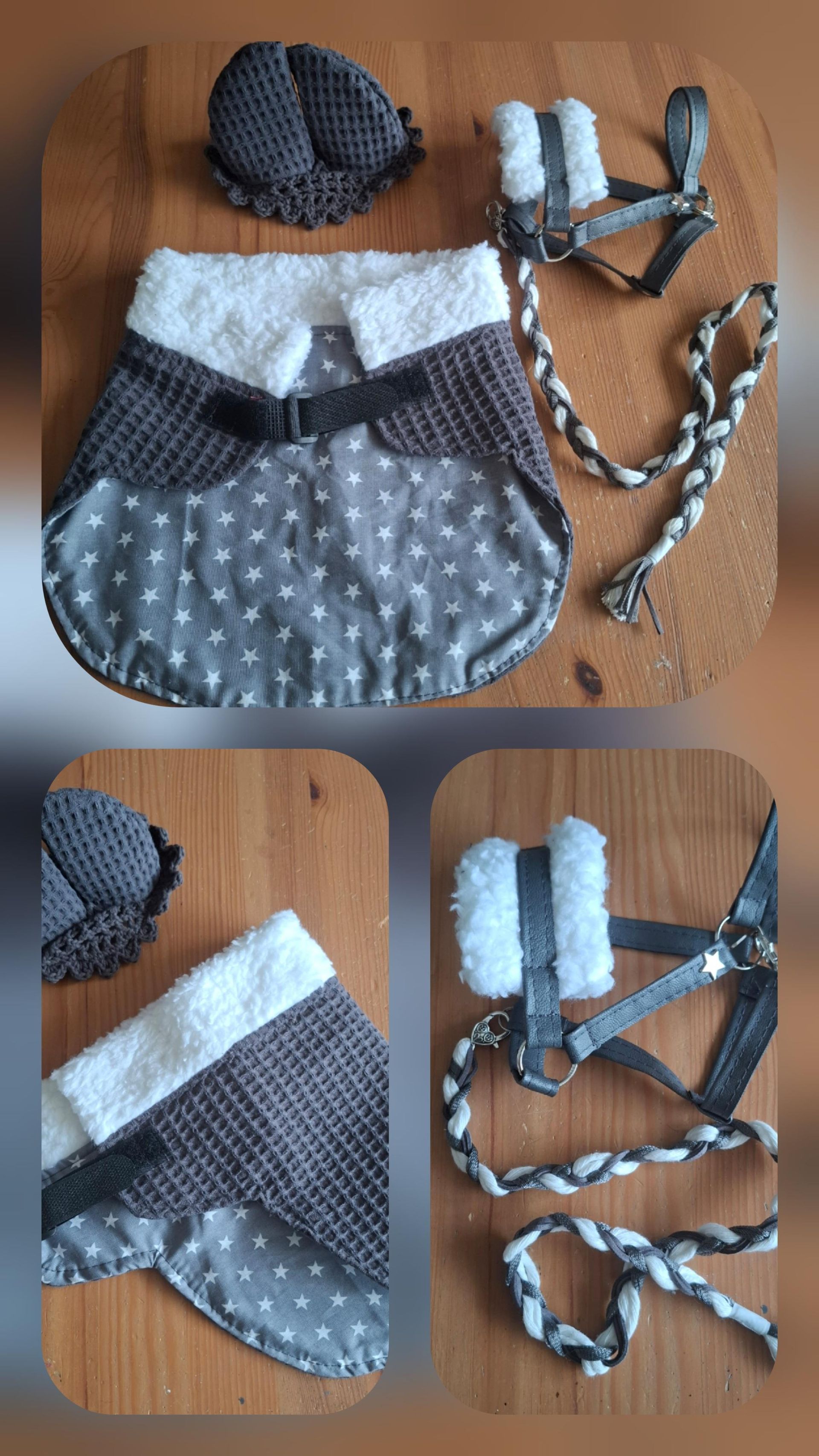 Grijze en witte hobbyhorse accessoires: halster, dekentje, oornetje