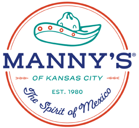 Manny's of Kansas City logo with a sombrero, red and blue text, circle border, 