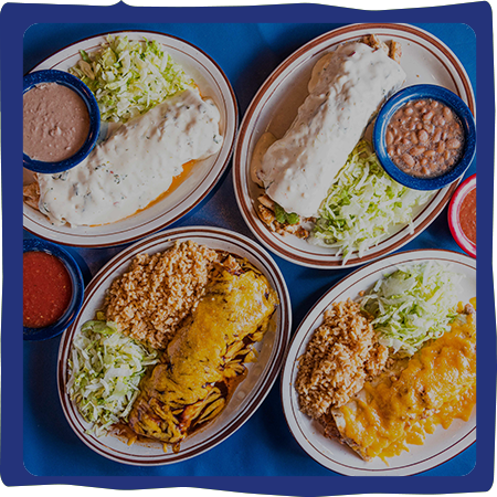 Four plates of Mexican food: burritos and enchiladas with beans, rice, and salsa.