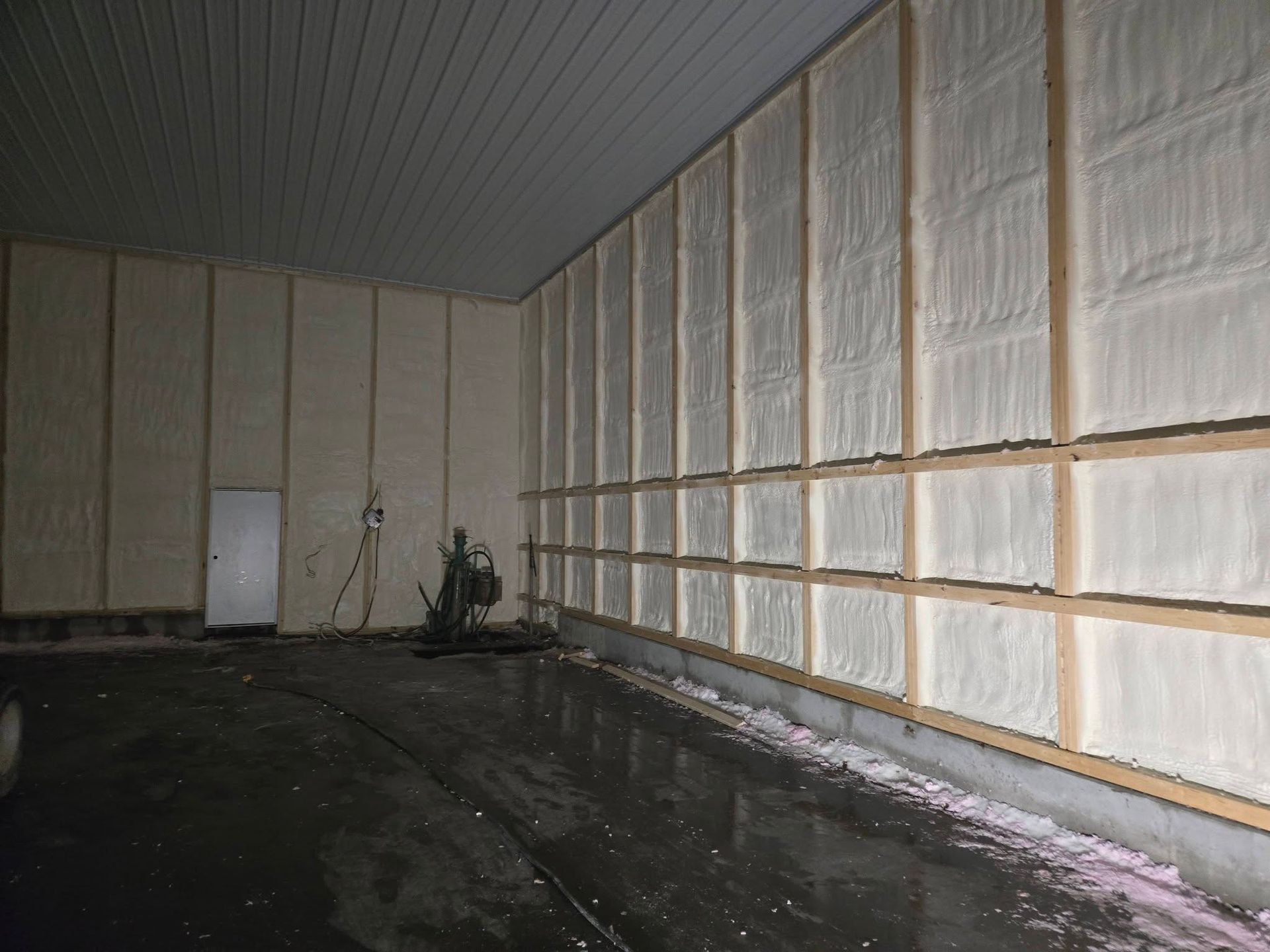 Interior of a building with walls insulated with spray foam
