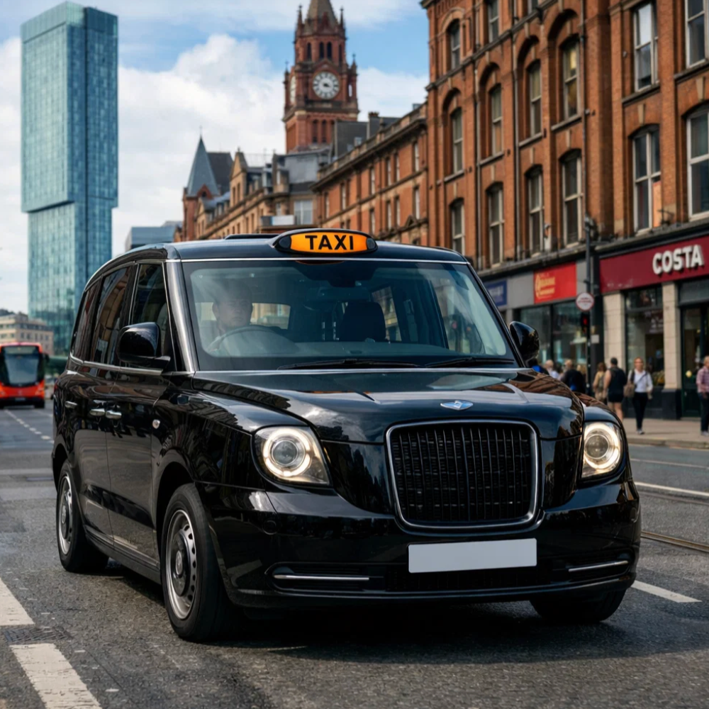 Black London taxi driving on a city street. Tall buildings and a tram are visible.